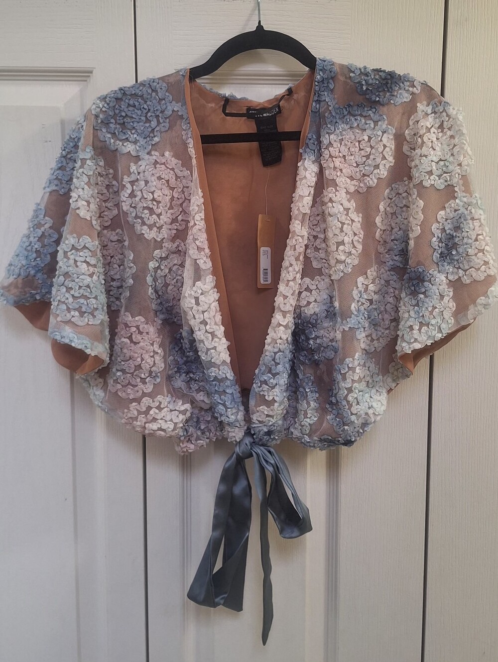 Steve Madden Blue and Cream Sheer Floral Tie-Front Crop Cardigan